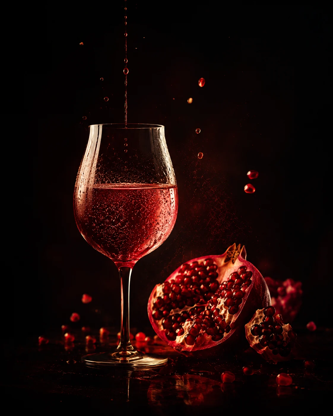 Copa con Púnica Rosso y granada sobre fondo oscuro